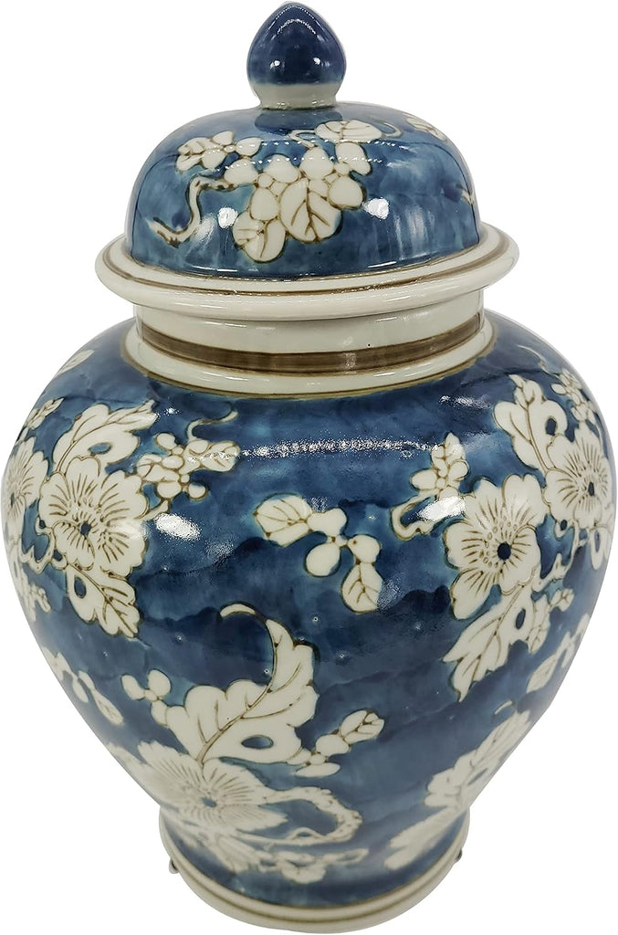 Blue and White Flower Chinoiserie Ginger Jar 12" w/Lid Ginger Jar, Tea Storage Decorative Home Decor Jar
