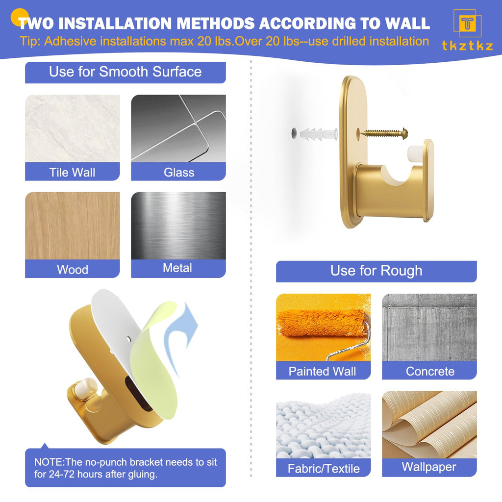 Curtain Rods No Drilling with Adhesive Brackets, Adjust 32-60", Gold