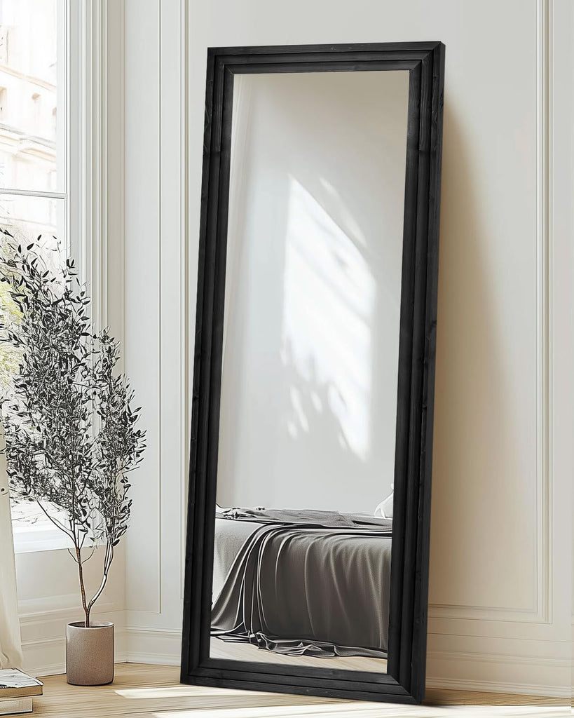 65x22in Full Length Mirror, 3-Tier Stepped Solid Wood Frame, Black
