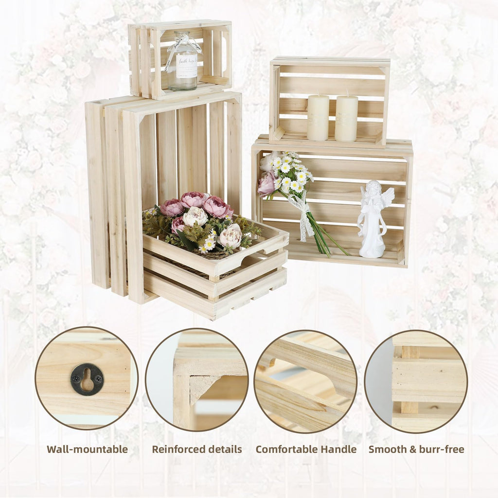 5-Piece Rustic Wooden Crates Unfinished Set, Wall Mountable Slatted Storage Crates with Handles, Farmhouse Wooden