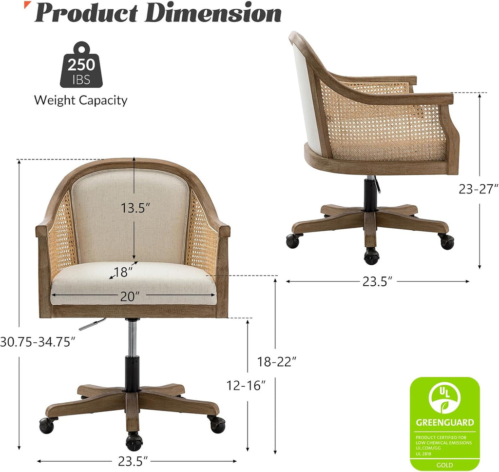 Desk Chair, Upholstered Home, Vintage with Armrest, Adjustable Swivel Rolling Height Task Chair for Living