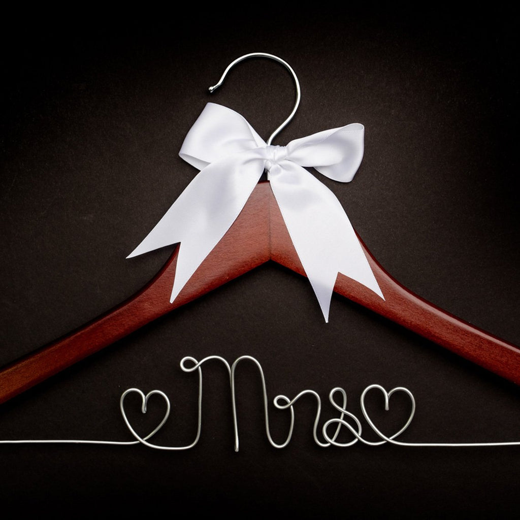 Mrs Wedding Dress Hanger, Wood and Wire Hangers for Brides (Mahogany)