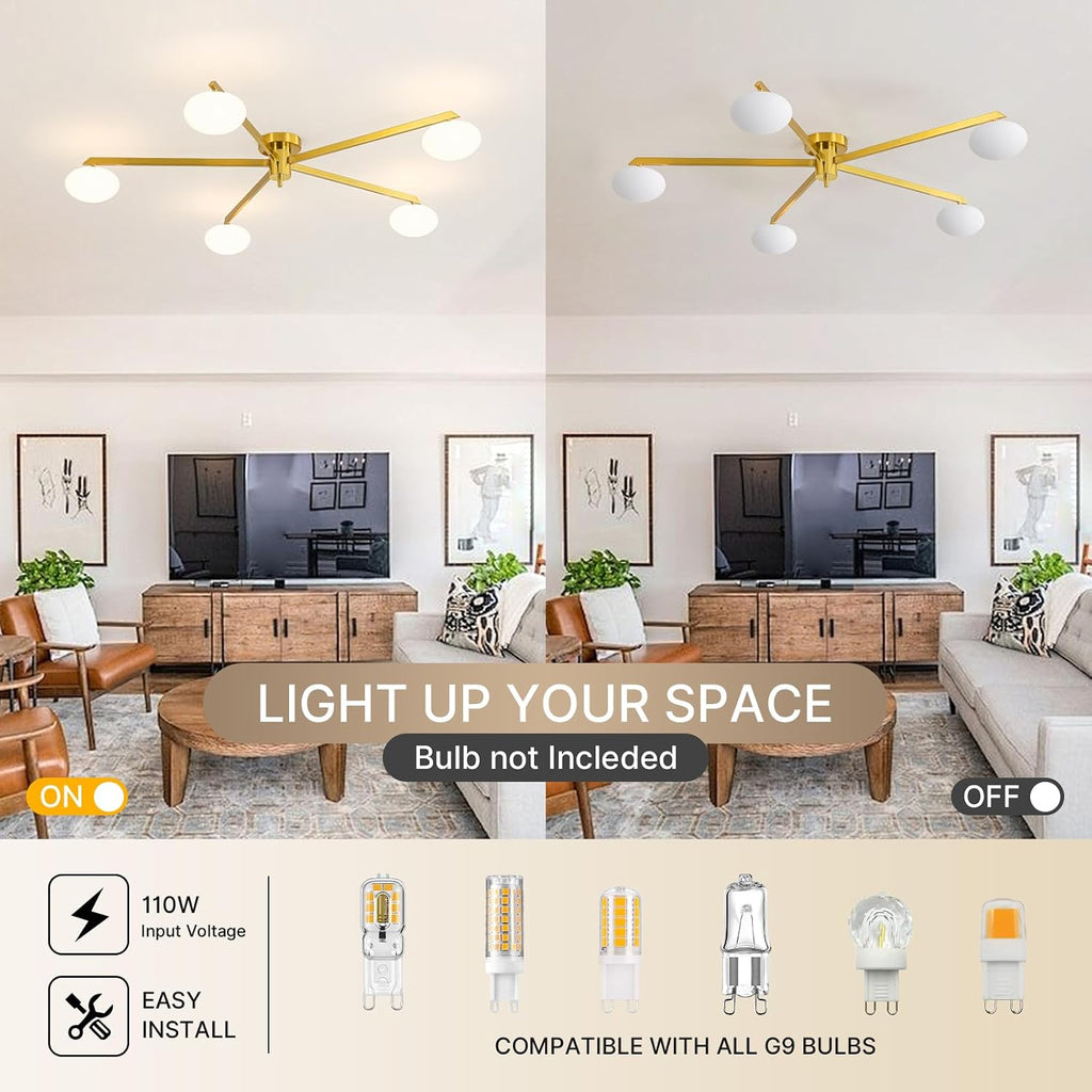 Semi Flush Mount Ceiling Light, Gold Sputnik Ceiling Light Fixture with 5-Oval Milk Glass Lampshades, Mid Century