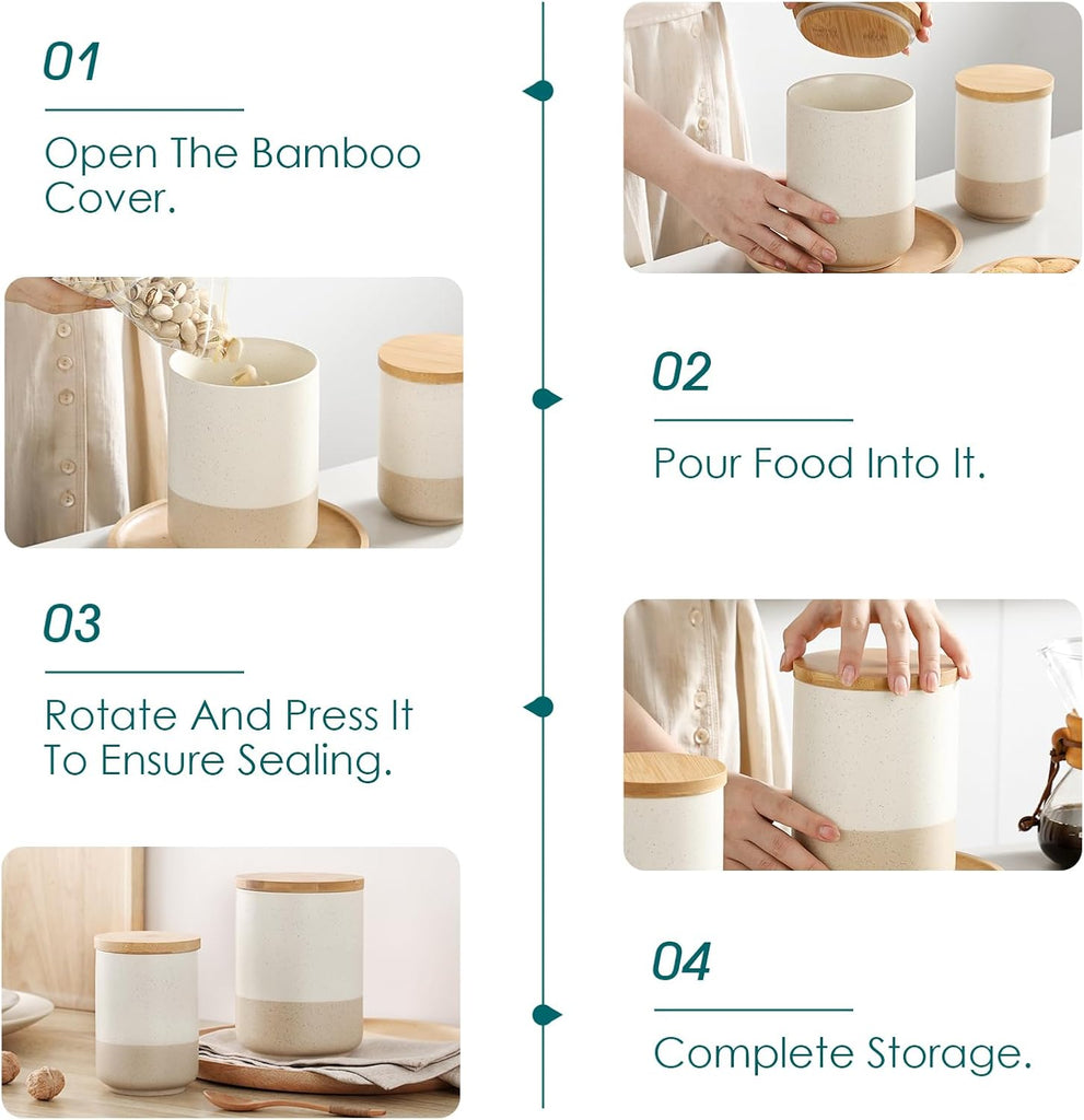 Sabine Kitchen Canister, Ceramic Food Storage Containers with Airtight Wood Lids, Countertop & Pantry - Set of 3