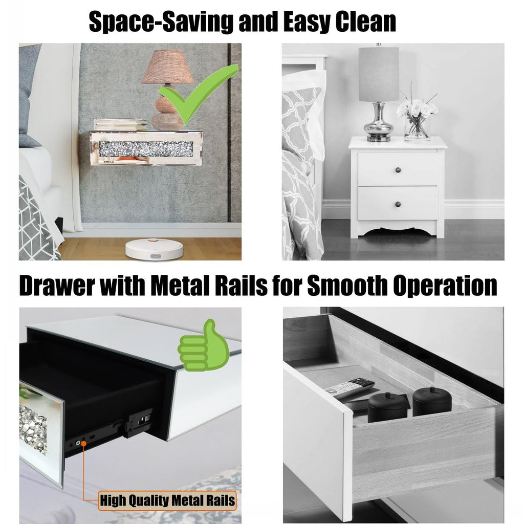 Mirrored Floating Bedside Nightstand with Drawer, Wall Mounted Silver Glass Crystal Diamond Bling Decoration