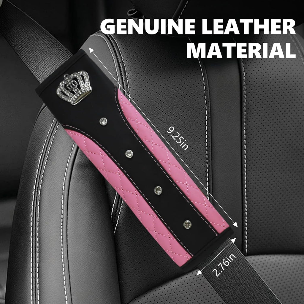 Car Accessories Set, Bling Crown Leather Car Steering Wheel Cover w/Armrest Pad, Seat Belt Cover Pads, Gear - Set of 8