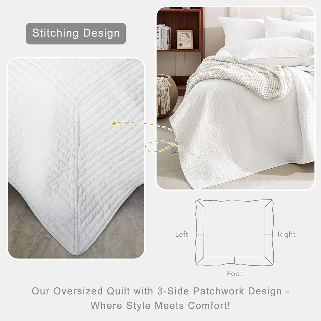 Oversized King Quilt 128x120, White Oversized King Bedspreads Set for Bed, Lightweight & Soft Farmhouse Coverlet All