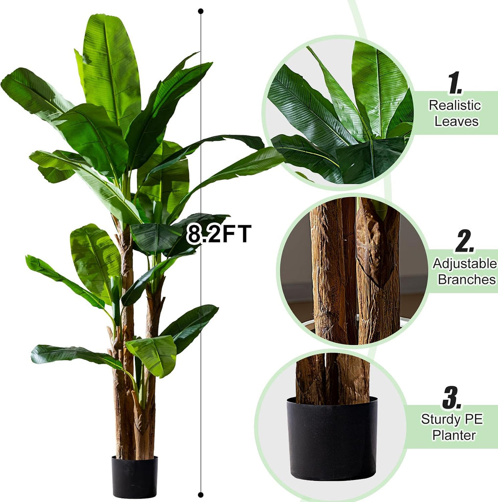Banana Tree 8.2ft, Faux Tropical Palm Tree Plant with Realistic Leaves, Low Maintenance Indoor Outdoor Decor Porch