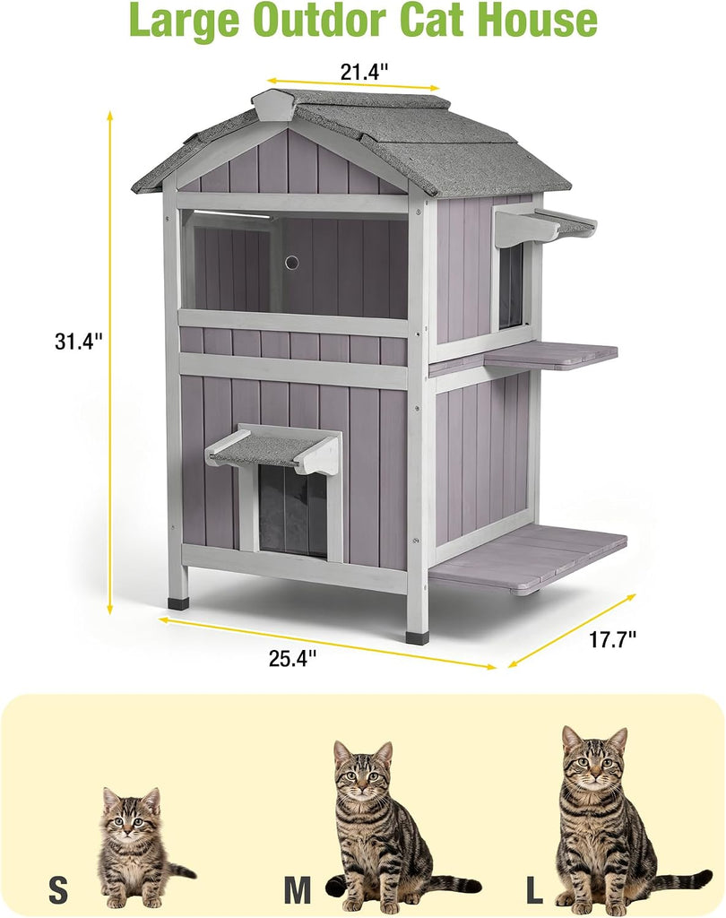 Outdoor Cat House Weatherproof Feral Cat Shelter with Escape Doors - 2-Story