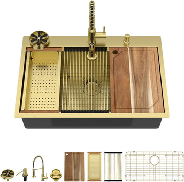 30x22 Gold Drop Sink with Faucet, Workstation 16 Gauge T-304 Stainless Steel Single Bowl Topmount Kitchen Sinks with