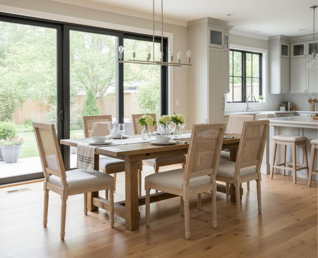 Farmhouse Dining Chairs Set of 6, French Rattan Dining Room Chairs with Distressed Wood Upholstered Vintage Side