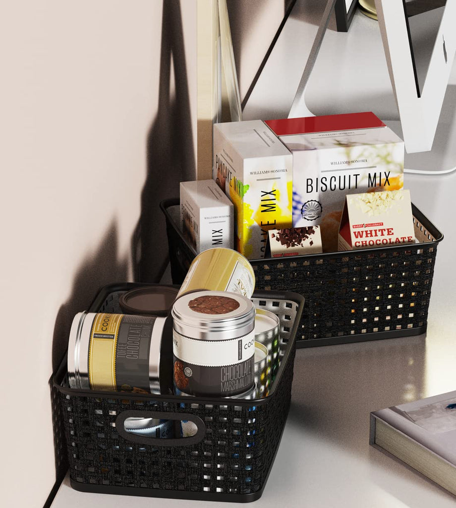 Woven Storage Organizer Basket, 6-Pack Black Plastic Weave Baskets, 10.1 x 7.55 x 4.1