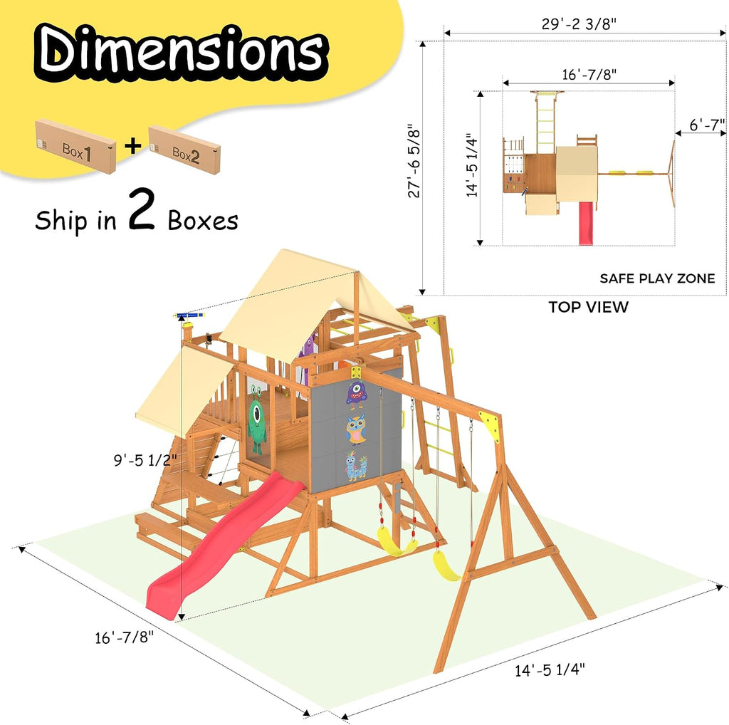 Wooden Swing Sets for Backyard, Outdoor Playground Playset for Kids Ages 3-10
