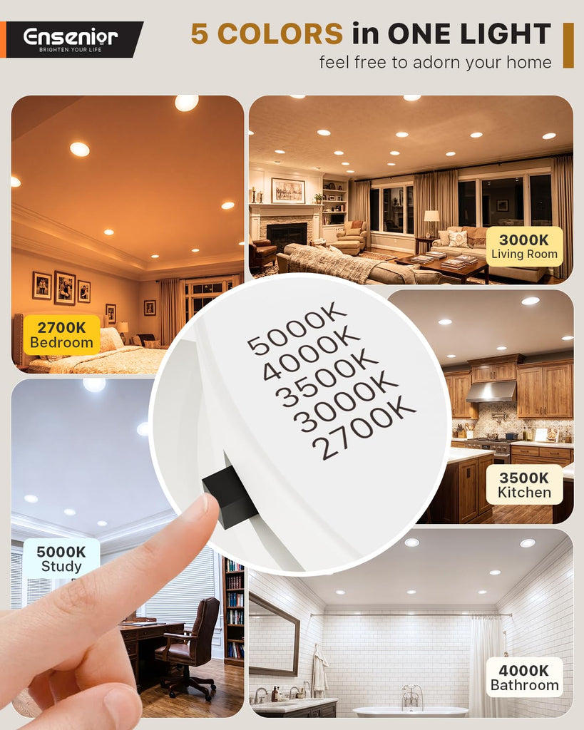 5/6 Inch LED Recessed Can Lights, 5CCT, 9W, 1000LM, 12 Pack
