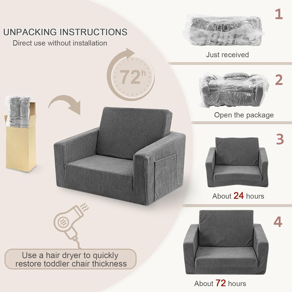 In-1 Kids Chair and Couch, Cozy Corduroy Kids Sofa, Grey