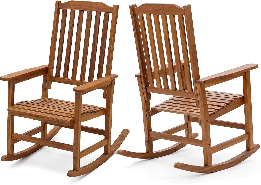Outdoor Rocking Chair Acacia Wood Rocking Chairs Set of 2, Natural | Wooden Rocking Chair, Porch Rocking Chairs