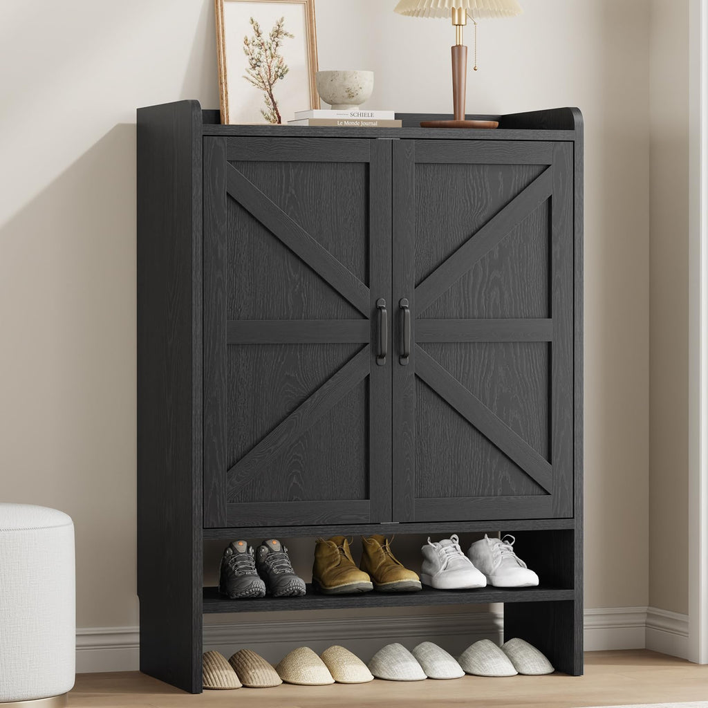 Shoe Cabinet with 2 Barn Doors, 5-Tier Modern Shoe Storage Cabinet, Black