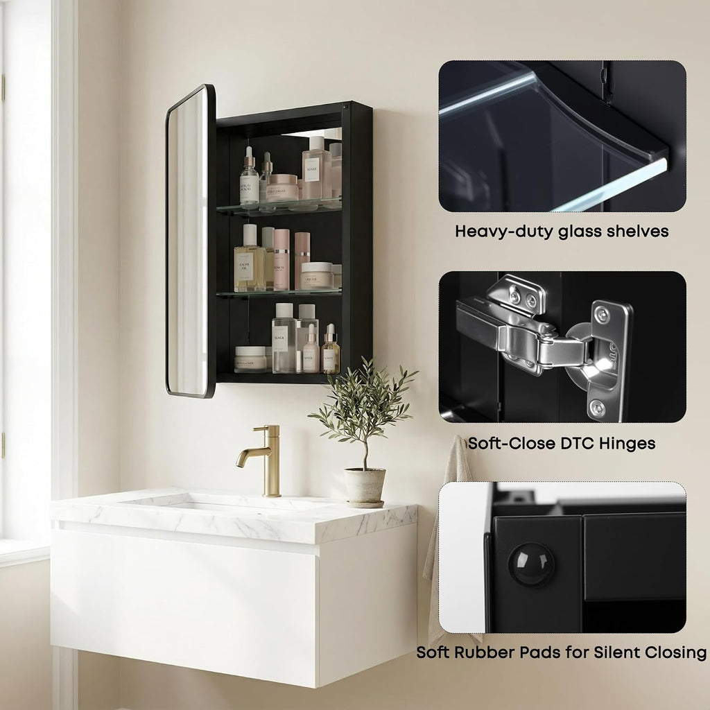 24x16 Inch Medicine Cabinet with Mirror - Recessed or Surface Mount Wall Cabinet, Aluminum Frame with Tempered Glass