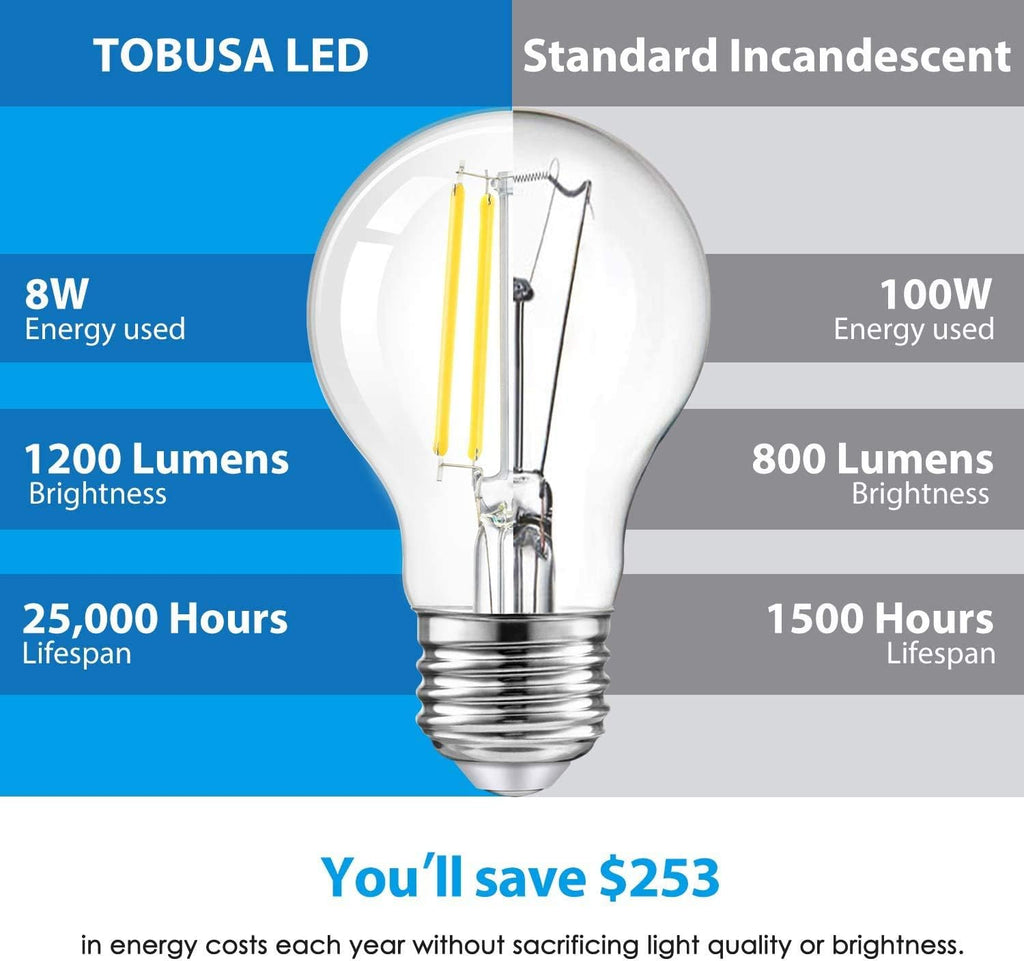 LED A19 Dimmable Light Bulbs 100W Equivalent, Vintage E26 Edison Bulbs 8W 1200LM, 5000K Daylight White, Clear Antique