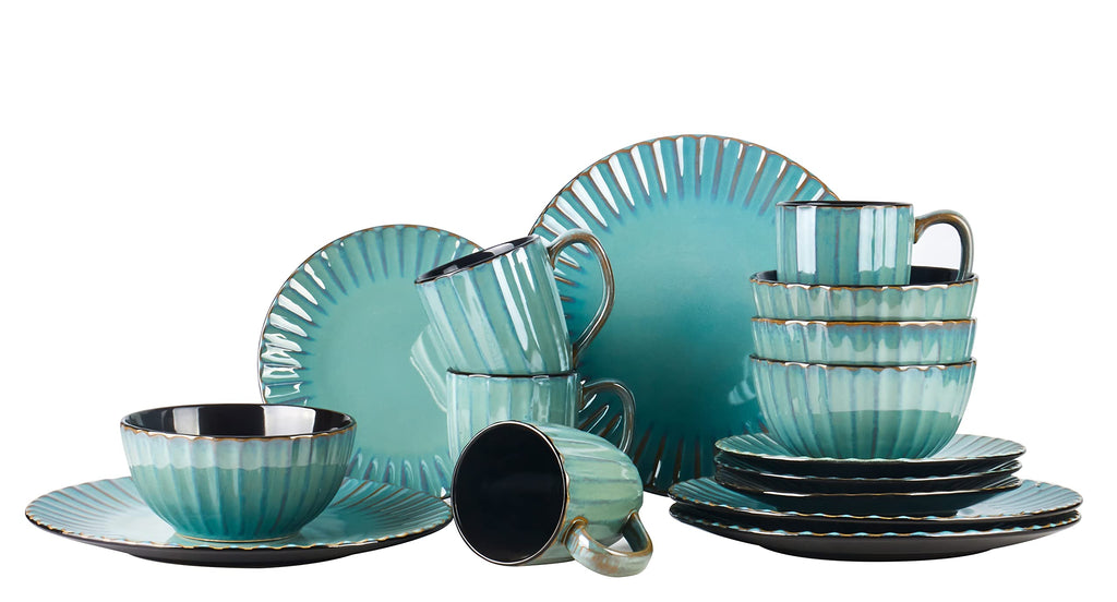 Ribbed Stoneware Dinnerware Set, Reactive Glaze Golden Green, Service for 4