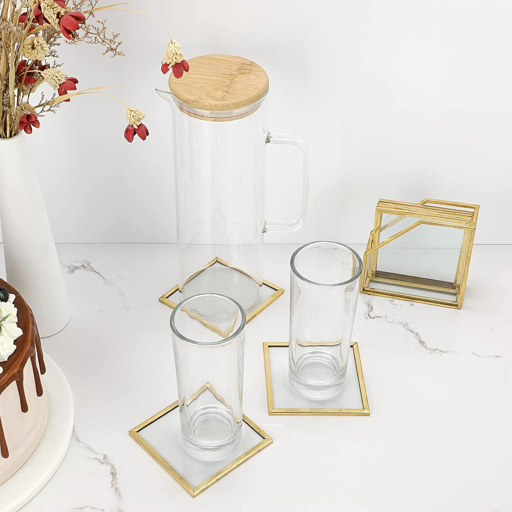 Gold Brass Clear Glass Round Coaster with Holder for Drinks - Set of 7