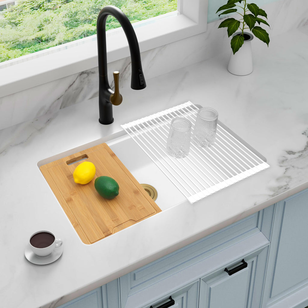 White Undermount Kitchen Sink 30 Inch, Workstation Granite Sink