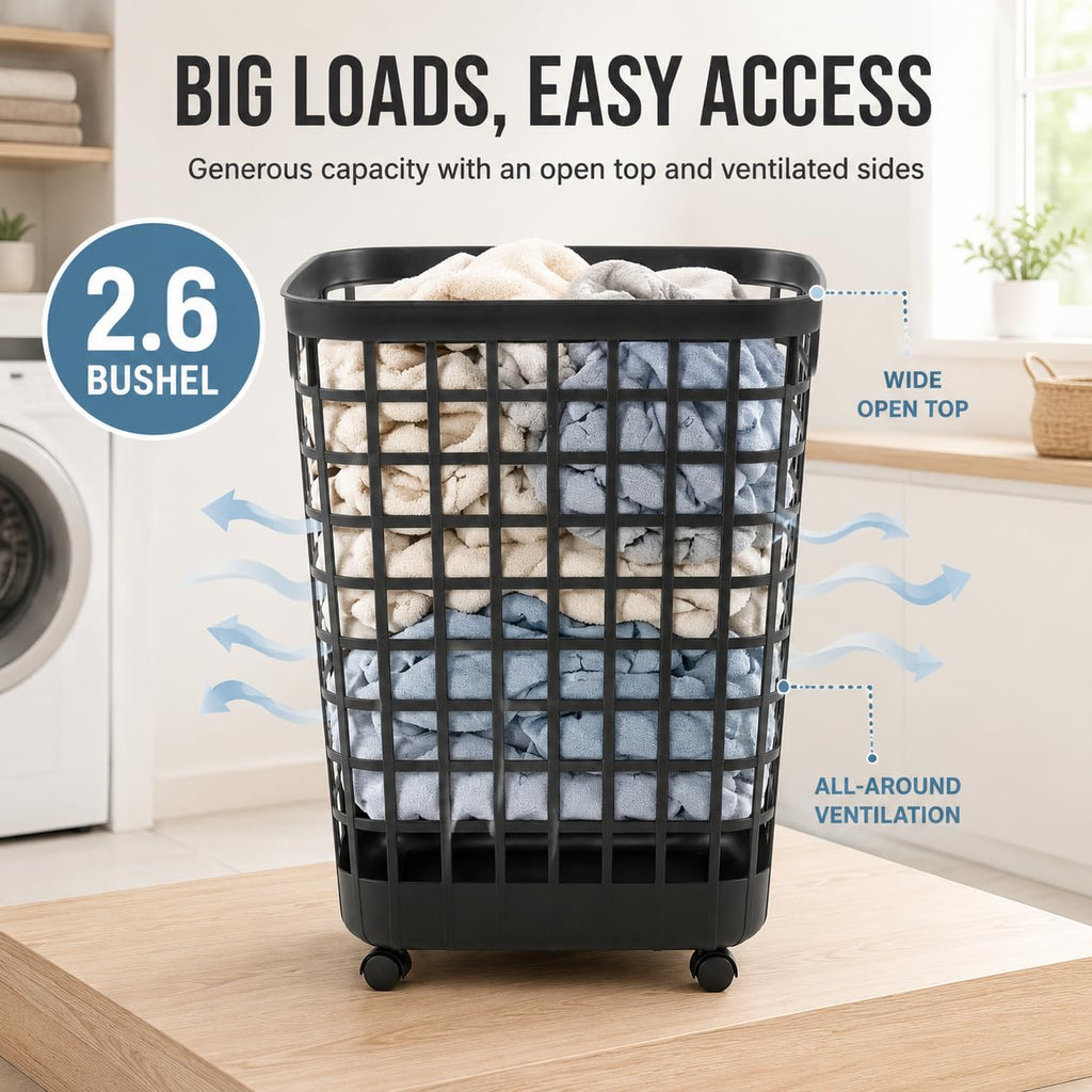 Black Rolling Laundry Hamper w/Casters, 2.6 Bushel Capacity
