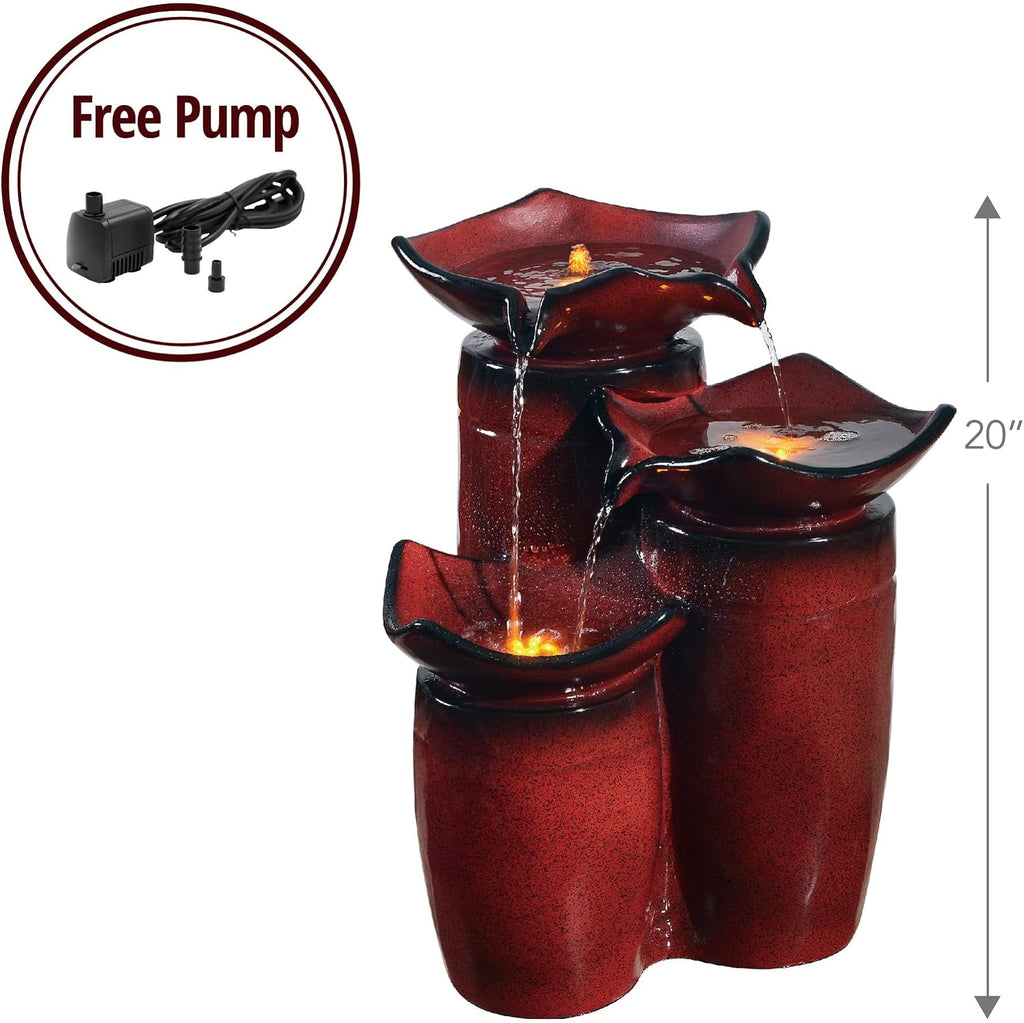 3 Tiered Floor Water Glazed Pots Fountain with LED Lights and Pump Patio Garden Backyard Decking Décor, 20 inch