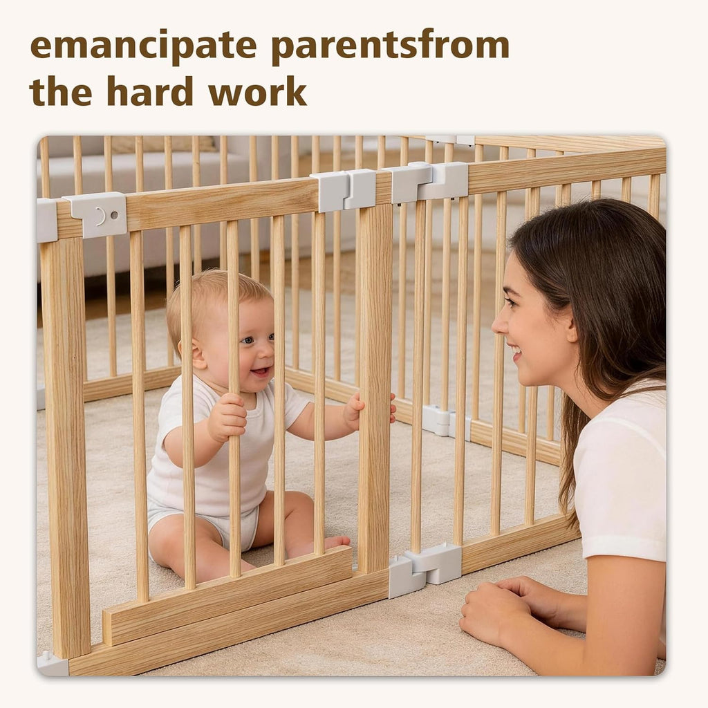 Baby Playpen, 56 * 56 * 24 inches Wooden Play Yard with Gate for Babies | Child-Proof Lock, Activity Center