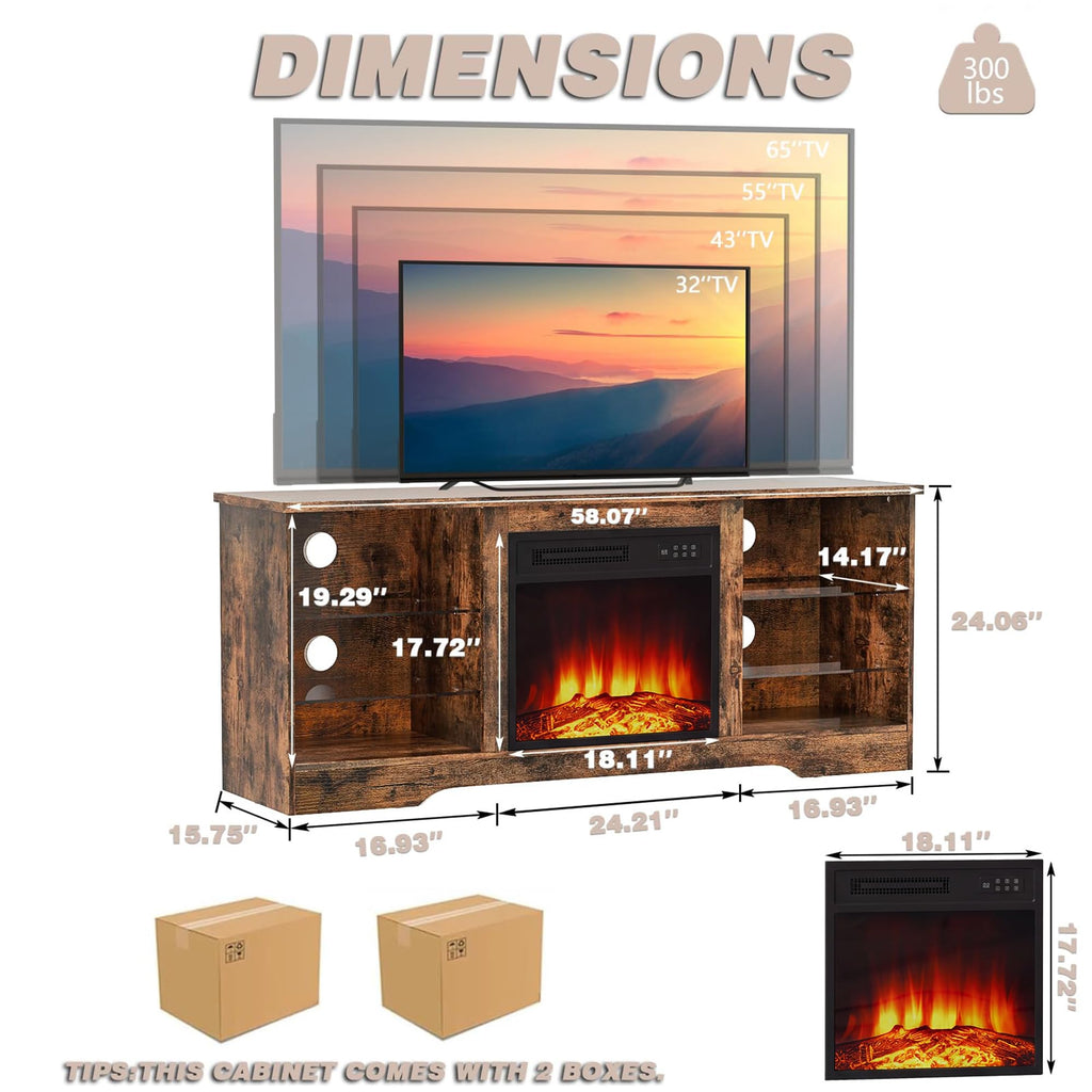 Fireplace TV Stand for up to 65 Inch TVs, Space-Saving LED Modern Entertainment Center for Small Apartments with
