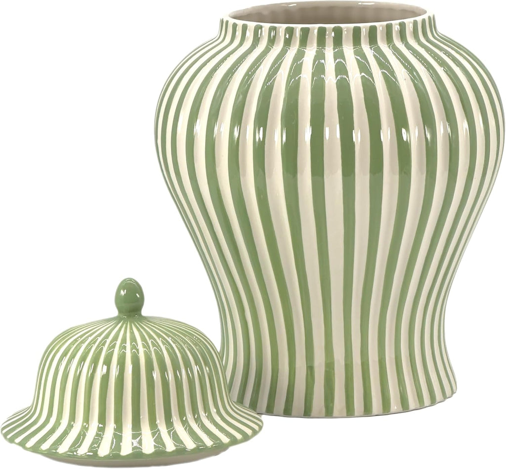 18" Green Candy Stripe Ginger Jar w/Lid - Christmas Holiday Decor Home Decor Living Room Party Decorations