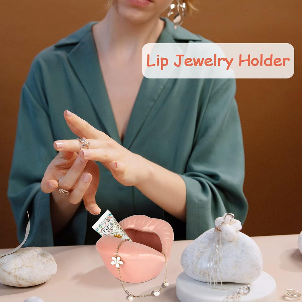 Ceramic Red Lips Lipstick Ring Holder, Pink