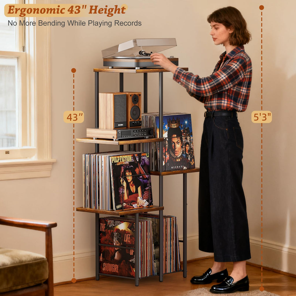 Record Player Stand, Vinyl Record Storage Holder with Display Shelf, Turntable Stand Table with Vinyl Organizer