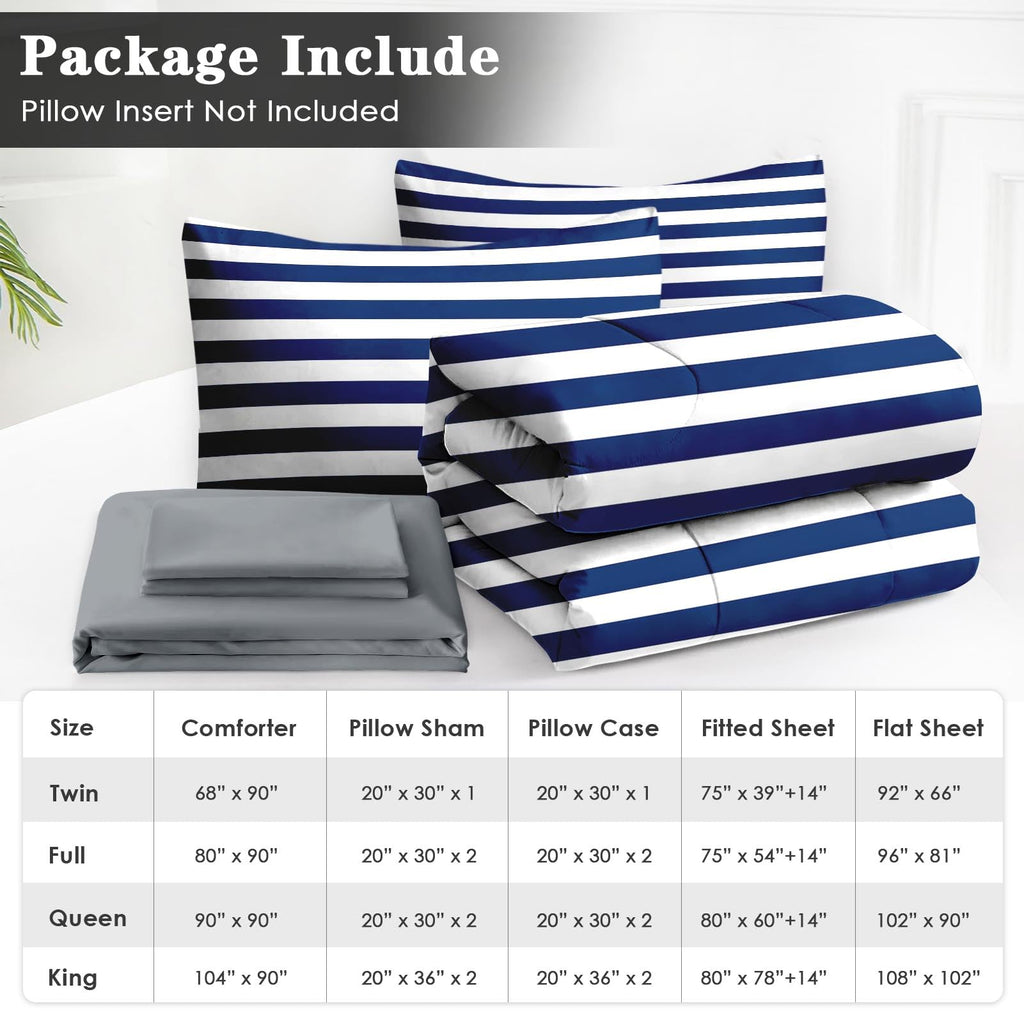 7 Pcs Comforter Set, Striped Navy Bedding