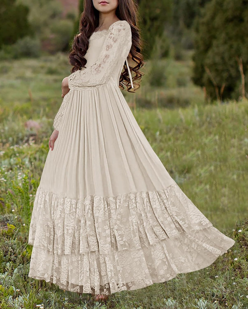 Girls Fall Boho Flower Long Sleeve Party Maxi Dress