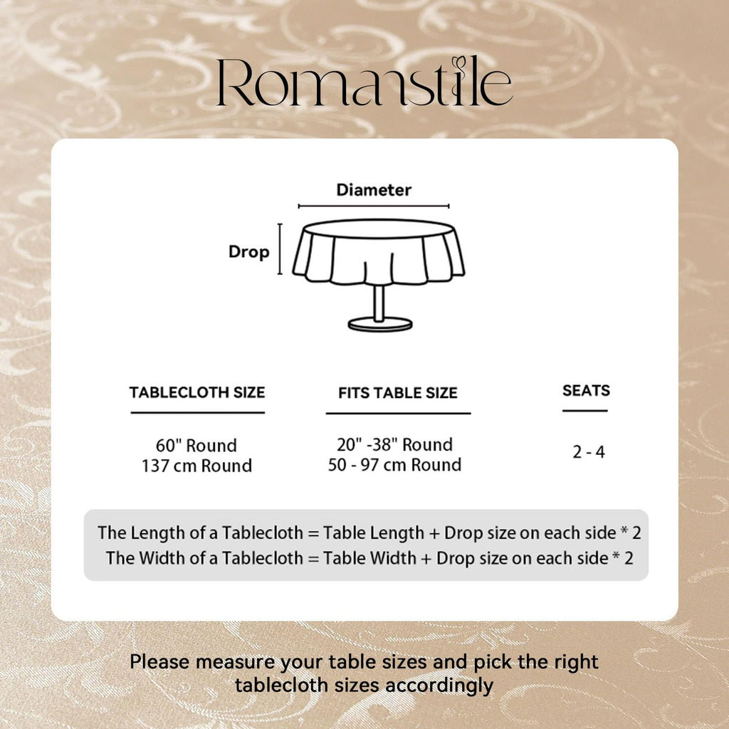 Waterproof Vinyl Tablecloth Round, 60" x 60", Flower Champagne