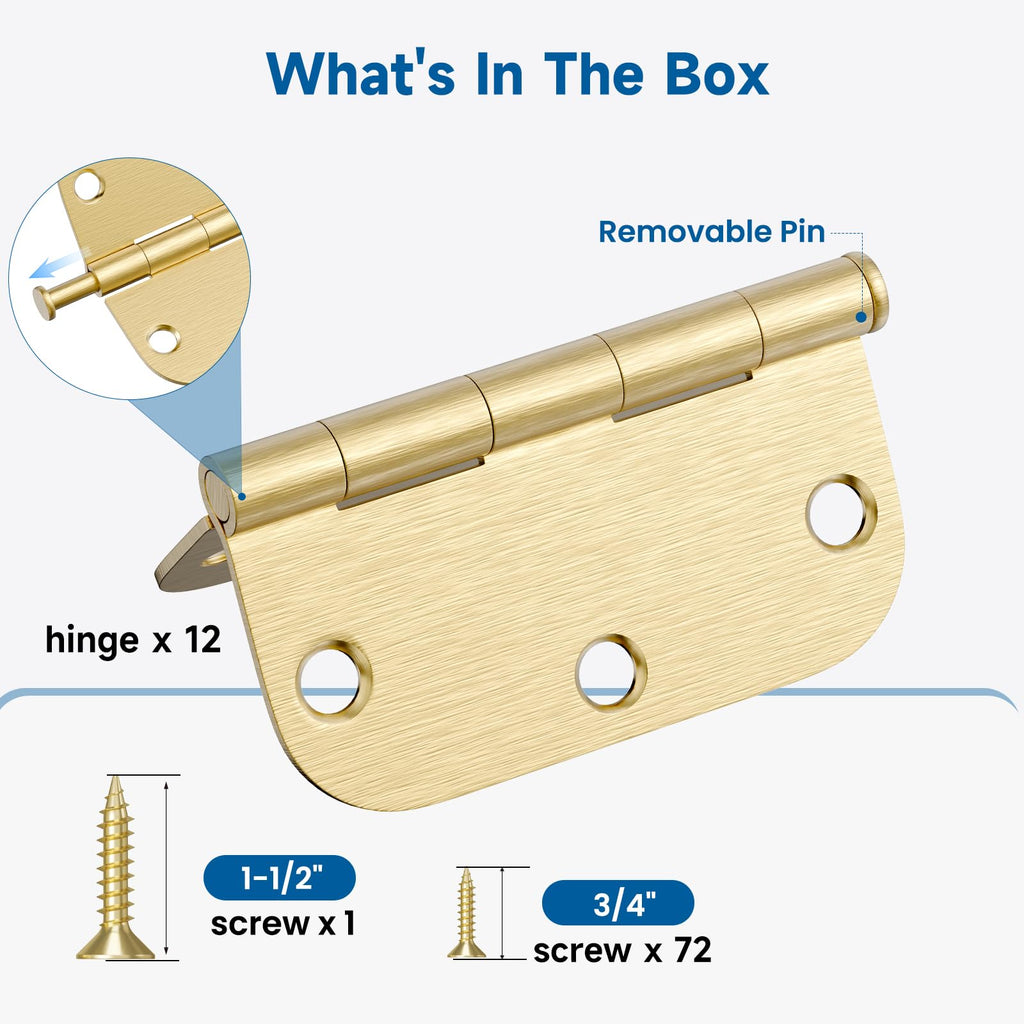 12 Pack Brushed Brass Door Hinges 3.5 Inch Gold Door Hinge with 5/8" Radius Corners Interior Door Hinges 3 1/2" Satin