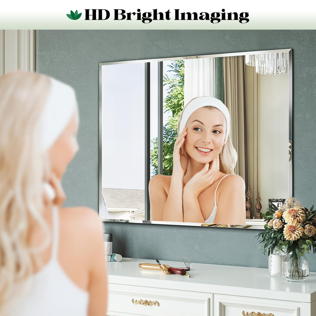 Frameless Bathroom Beveled Wall Mirror, 48"x32" Large Wall Mirror