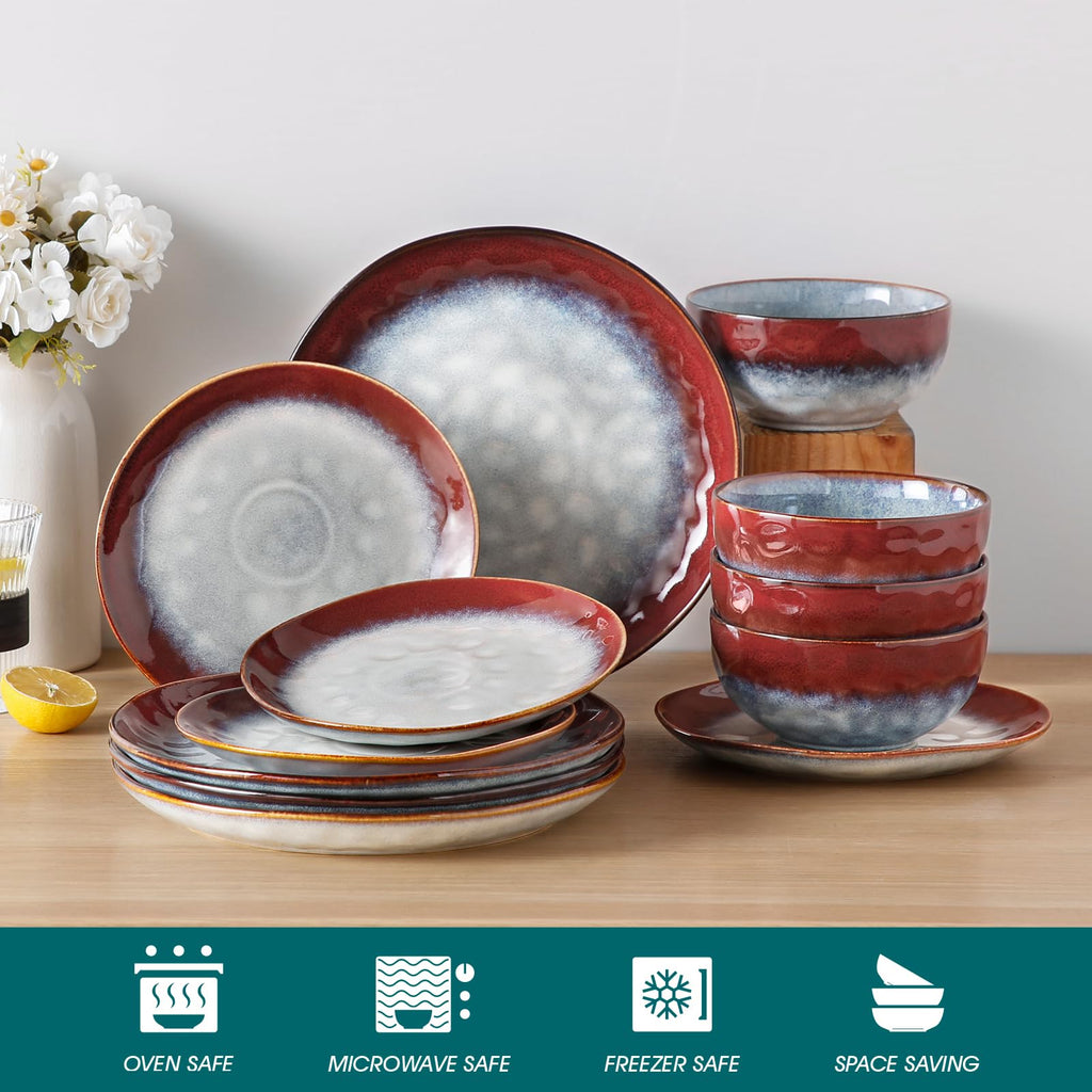 Starry 12 Pcs Dinnerware Set for 4, Handmade Reactive Glaze, Red