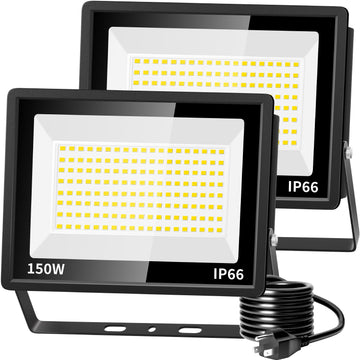 150W Flood Light with Plug, IP66 for Yard Playground Garage, 2 Pack
