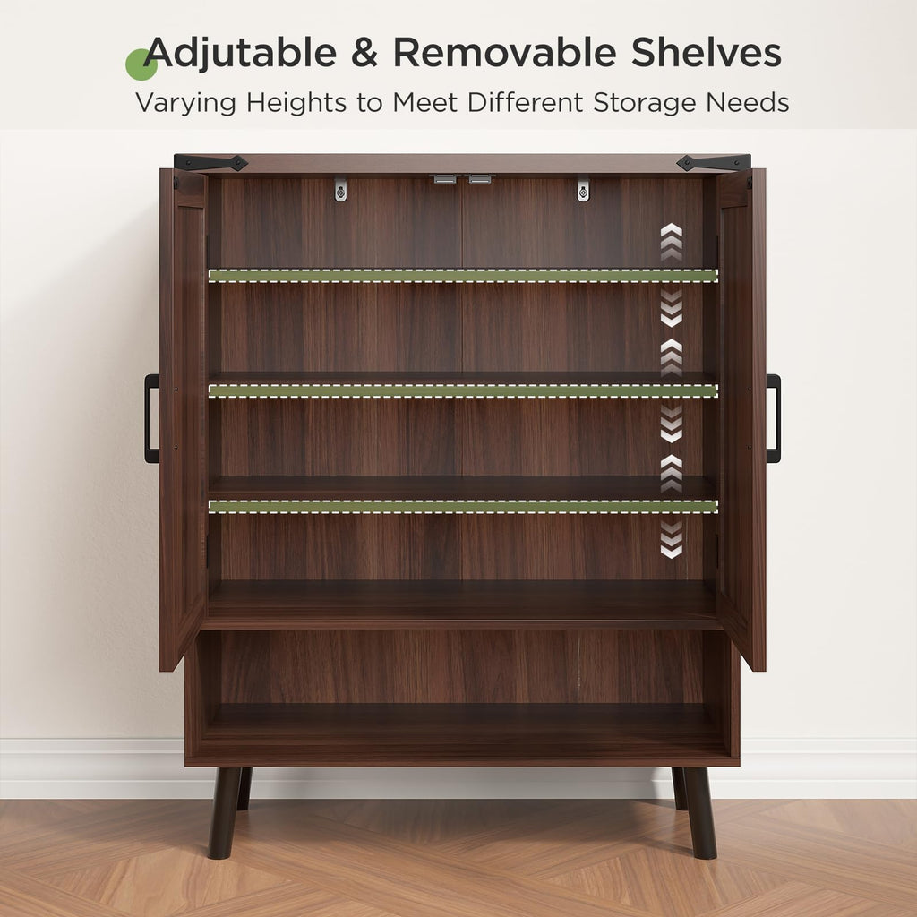 34" Tall Farmhouse Shoe Storage Cabinet with Barn Doors, Walnut