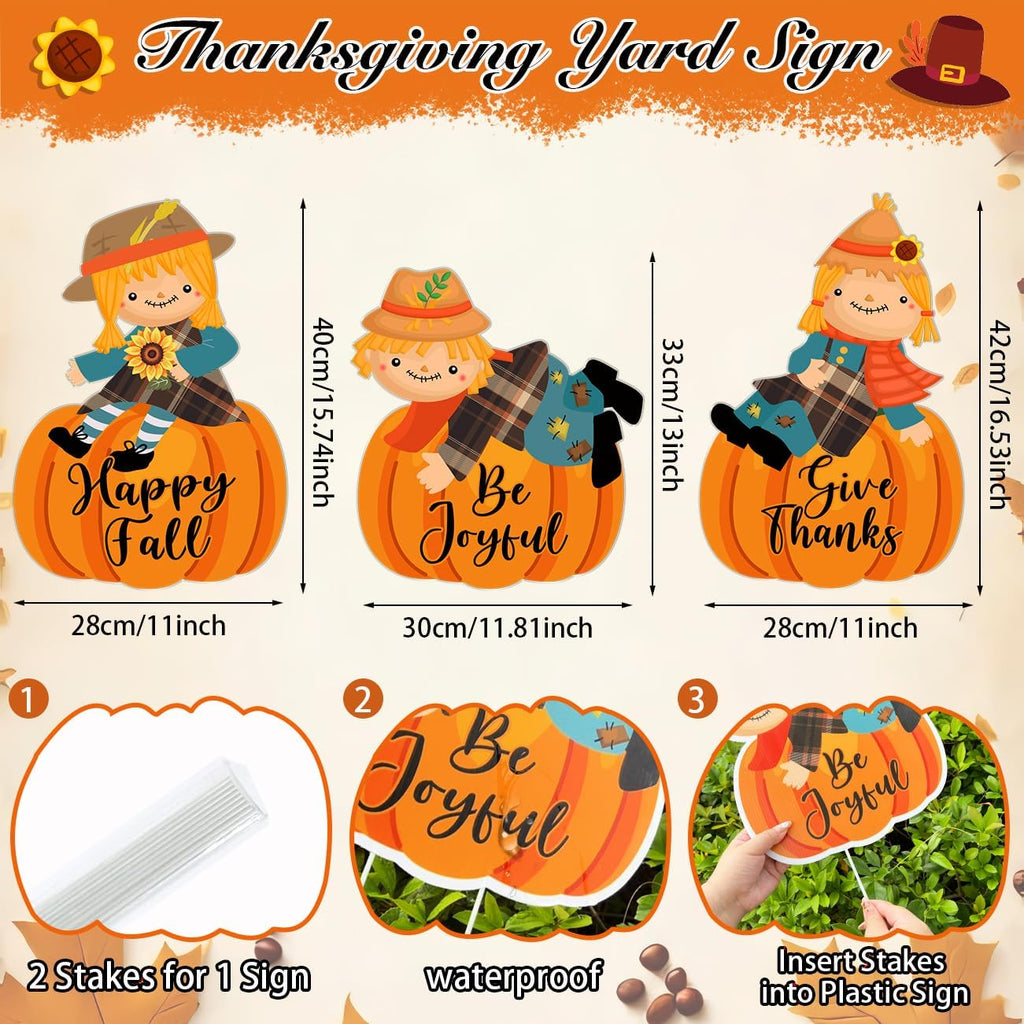 Fall Yard Signs Decorations Thanksgiving Pumpkin Yard Stakes Outdoor - Set of 3
