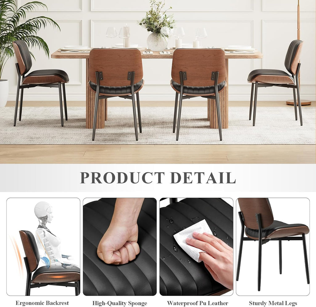 Leather Dining Chairs Set of 2, Modern Upholstered Dining Room Kitchen Chairs with Metal Legs and Wooden Back Support