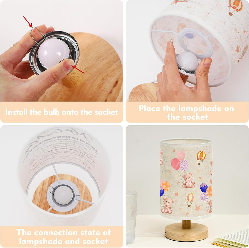 Bear Kids Table Lamp Kids Bedside Lamp with Linen Wooden Nightstand Cartoon Nursery Lampshade for Girls Boys Living