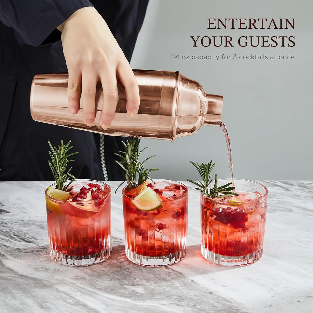 Cocktail Shaker Set, Stainless Steel Bartending Kit with 25 Ounce Cocktail Shaker with Built in Drink Strainer - Set of 6