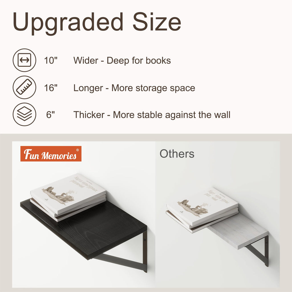10 Inch Deep Floating Shelves, Black Floating Shelf 16 Inch Long, 16" W x 10" D Wall Shelves Set of 2, Deep Shelves