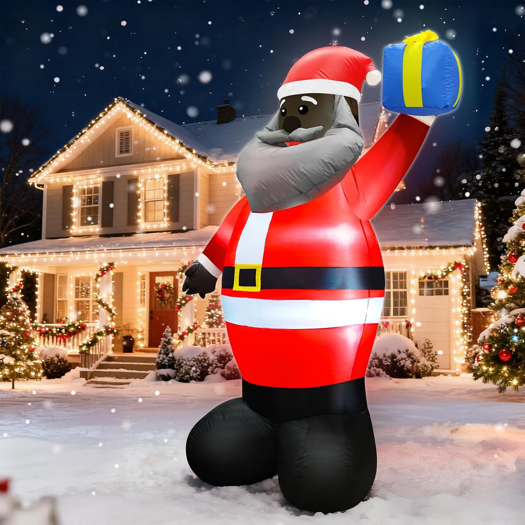 8 Ft Christmas Inflatables Outdoor Decorations Black Santa Claus, African American Santa Holds Gift Box Built in LED