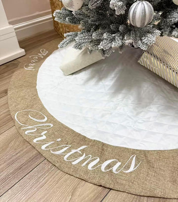 48 Inch Christmas Tree Skirt White Thick Luxury Quilted Cotton with Burlap Decoration for Merry Christmas Party