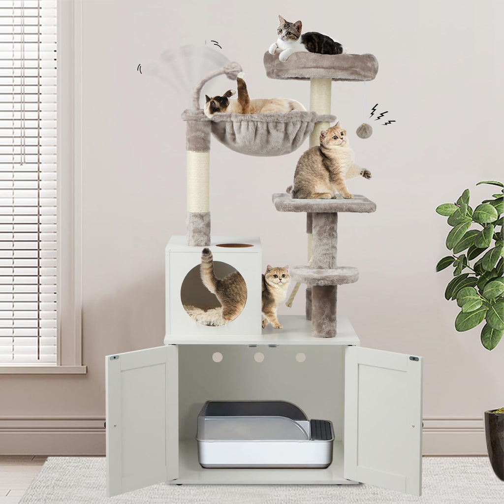 Cat Tree with Litter Box Enclosure, 2-in-1 Cat Tower
