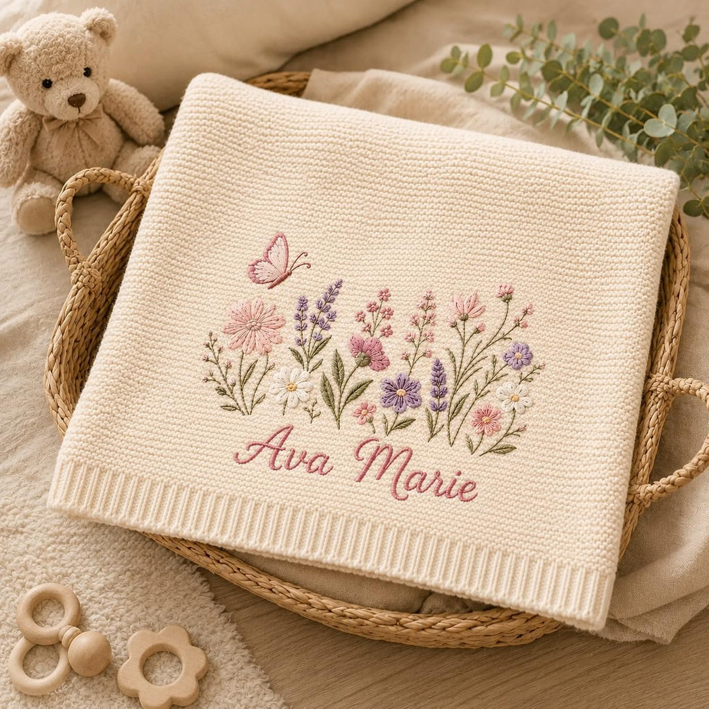 Personalized Knit Baby Blanket, Custom Name Embroidered Wildflower Blanket, Butterfly Baby Girl Keepsake, Newborn Gift
